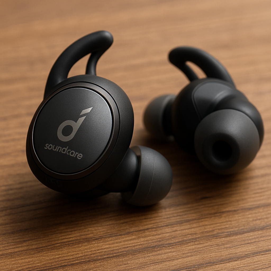 A close‑up of Anker Soundcore Life Dot 2 NC earbuds resting on a wooden table, showing the silicone tips and wing stabilizers. Alt: Anker Soundcore Life Dot 2 NC – best affordable noise cancelling wireless earbuds