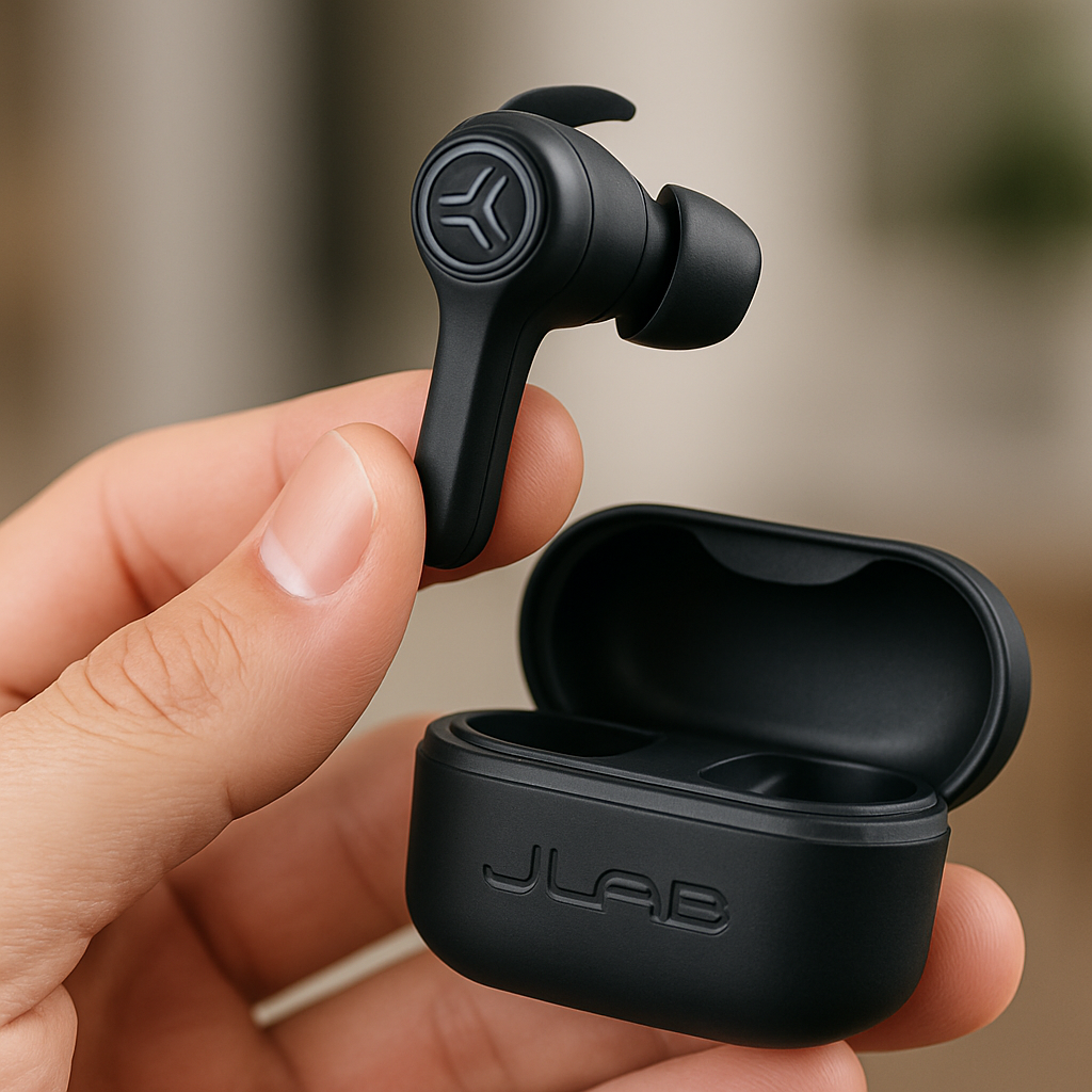 A close‑up of JLab Audio Go Air NC earbuds in a hand, showing the stem, wing tip, and charging case. Alt: JLab Audio Go Air NC best affordable noise cancelling wireless earbuds
