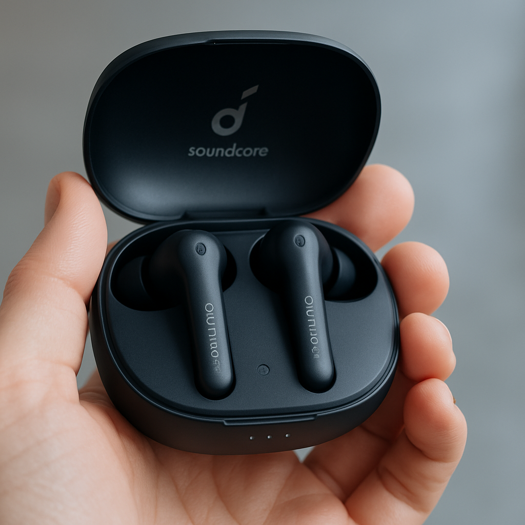 A close‑up of Anker Soundcore Life P2 earbuds in a hand, showing the charging case open with earbuds inside, soft lighting, modern tech aesthetic. Alt: Anker Soundcore Life P2 earbuds with ANC feature under $50