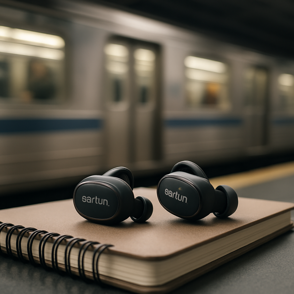 A sleek pair of EarFun Free Pro earbuds resting on a commuter’s notebook, with a city subway blur in the background. Alt: EarFun Free Pro earbuds feature‑rich under $50 budget ANC earbuds