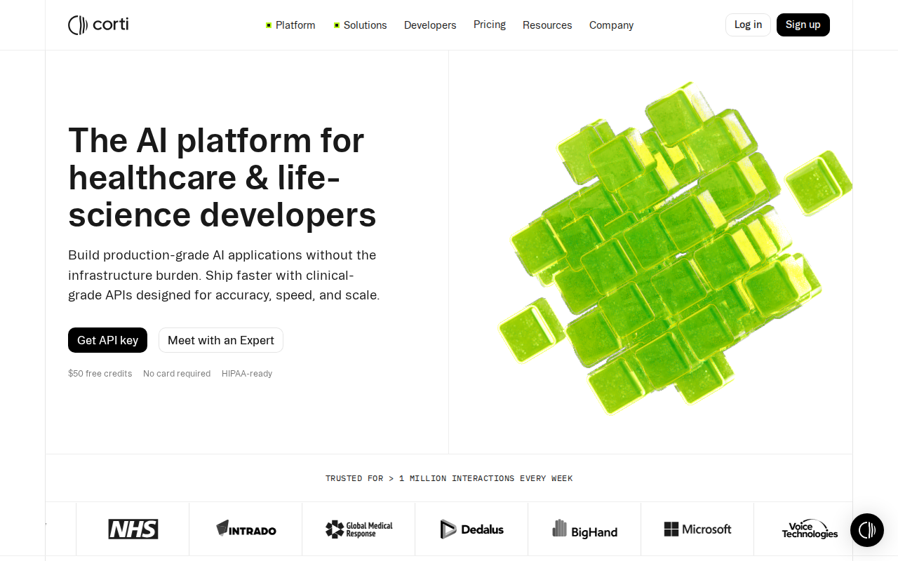 Corti AI platform homepage for emergency triage and clinical coding automation