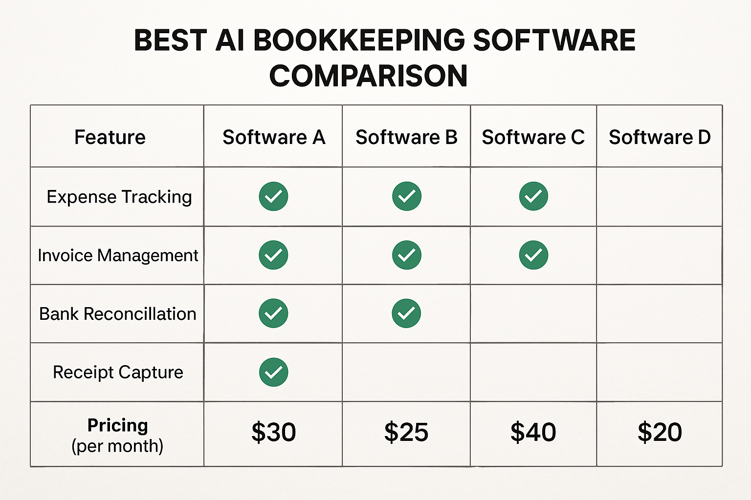 A comparison chart of top AI bookkeeping software options illustrating features and pricing. Alt: Best AI bookkeeping software comparison chart for 2025.