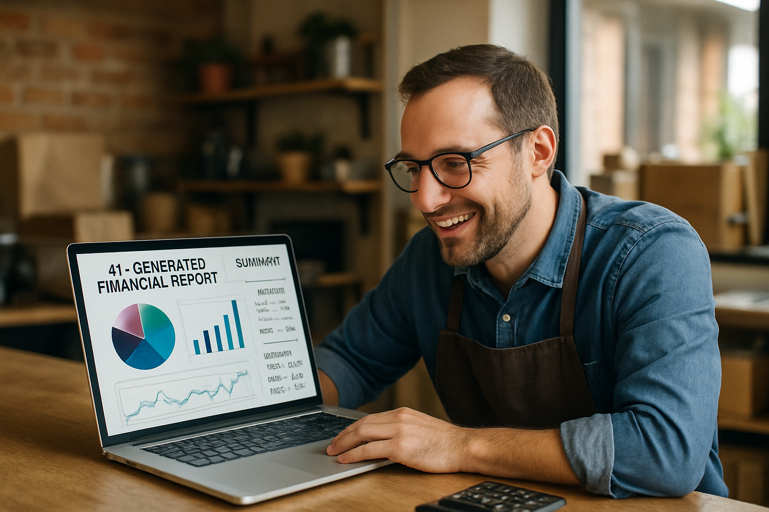 Small business owner happily reviewing AI-generated financial report on laptop. Alt: Best AI bookkeeping software helping small business owners manage finances efficiently.