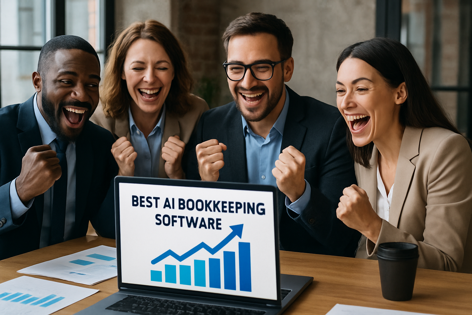 Business team celebrating after implementing AI bookkeeping software showing improved financial results. Alt: Best AI bookkeeping software success story with boosted business growth.