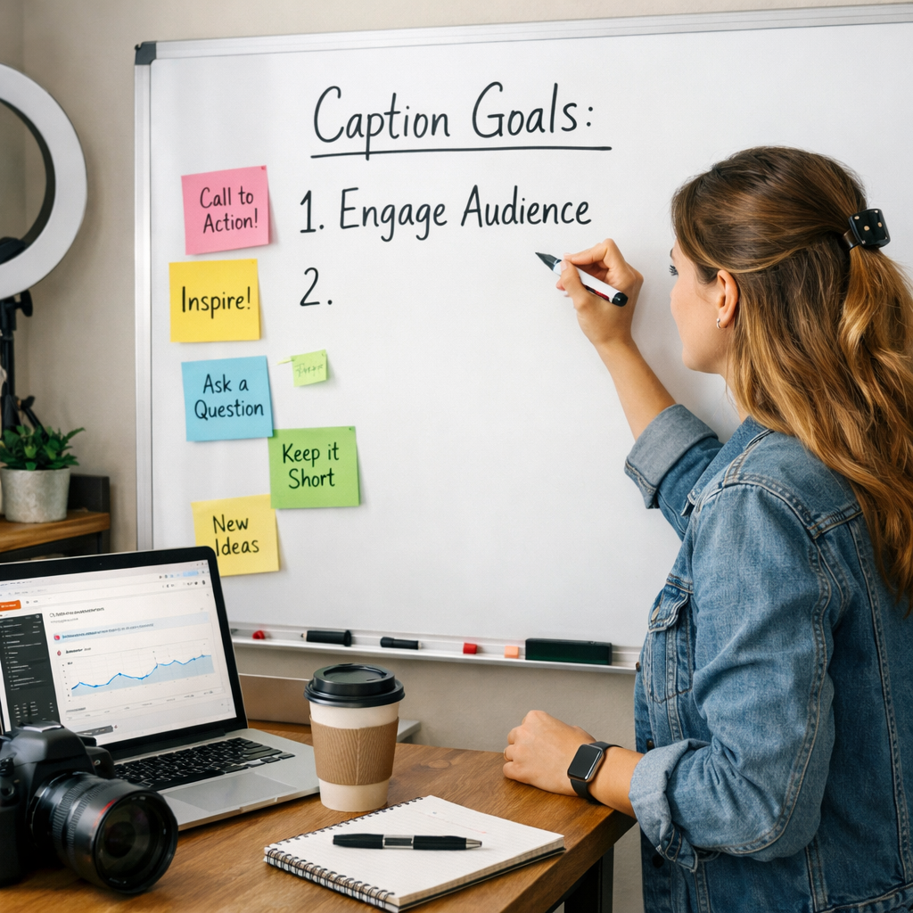 A photorealistic scene of a content creator writing caption goals on a whiteboard, with sticky notes and a laptop. Alt: content creator planning caption goals