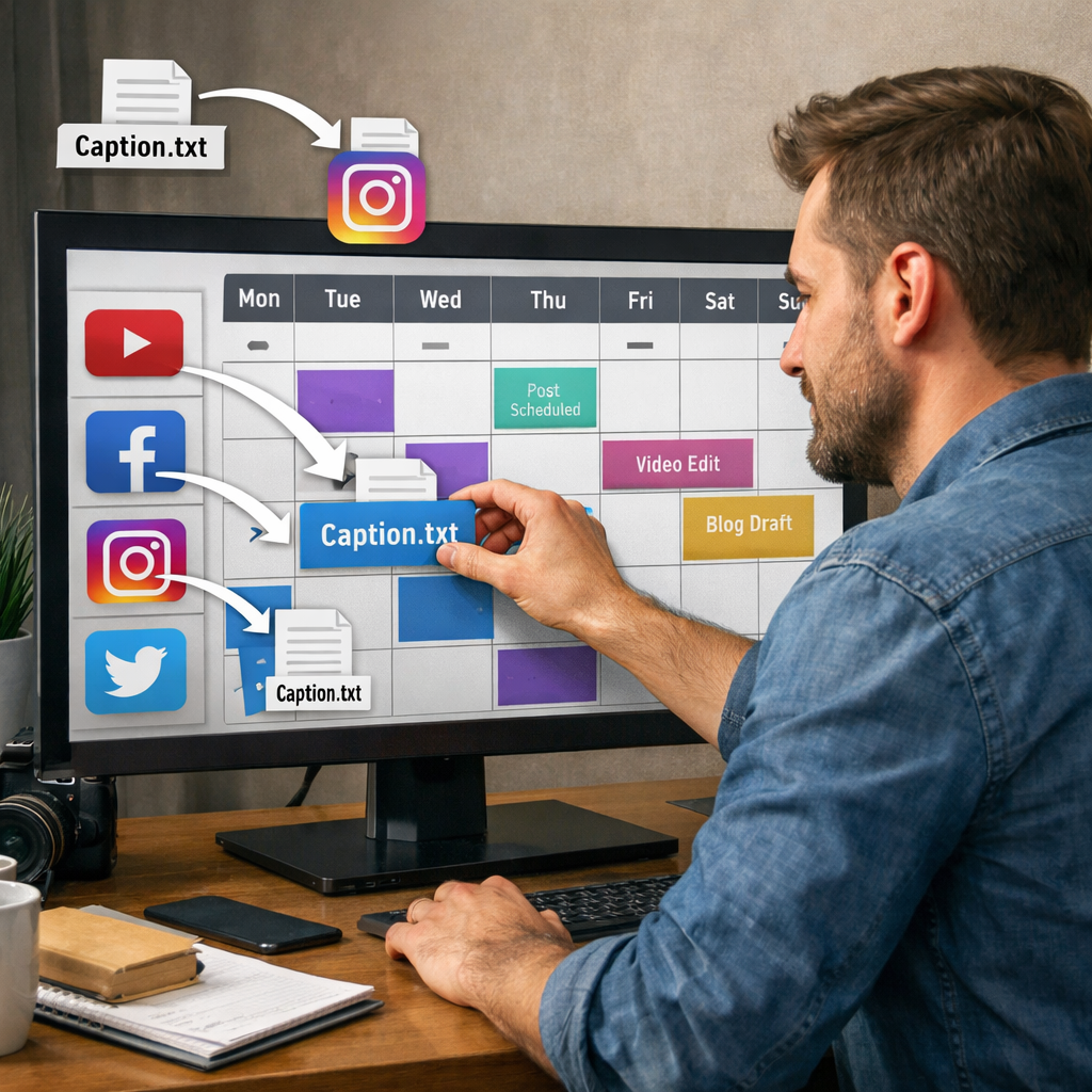 A realistic illustration of a content manager dragging caption files into a calendar grid on a computer screen. Alt: content manager scaling captions across platforms