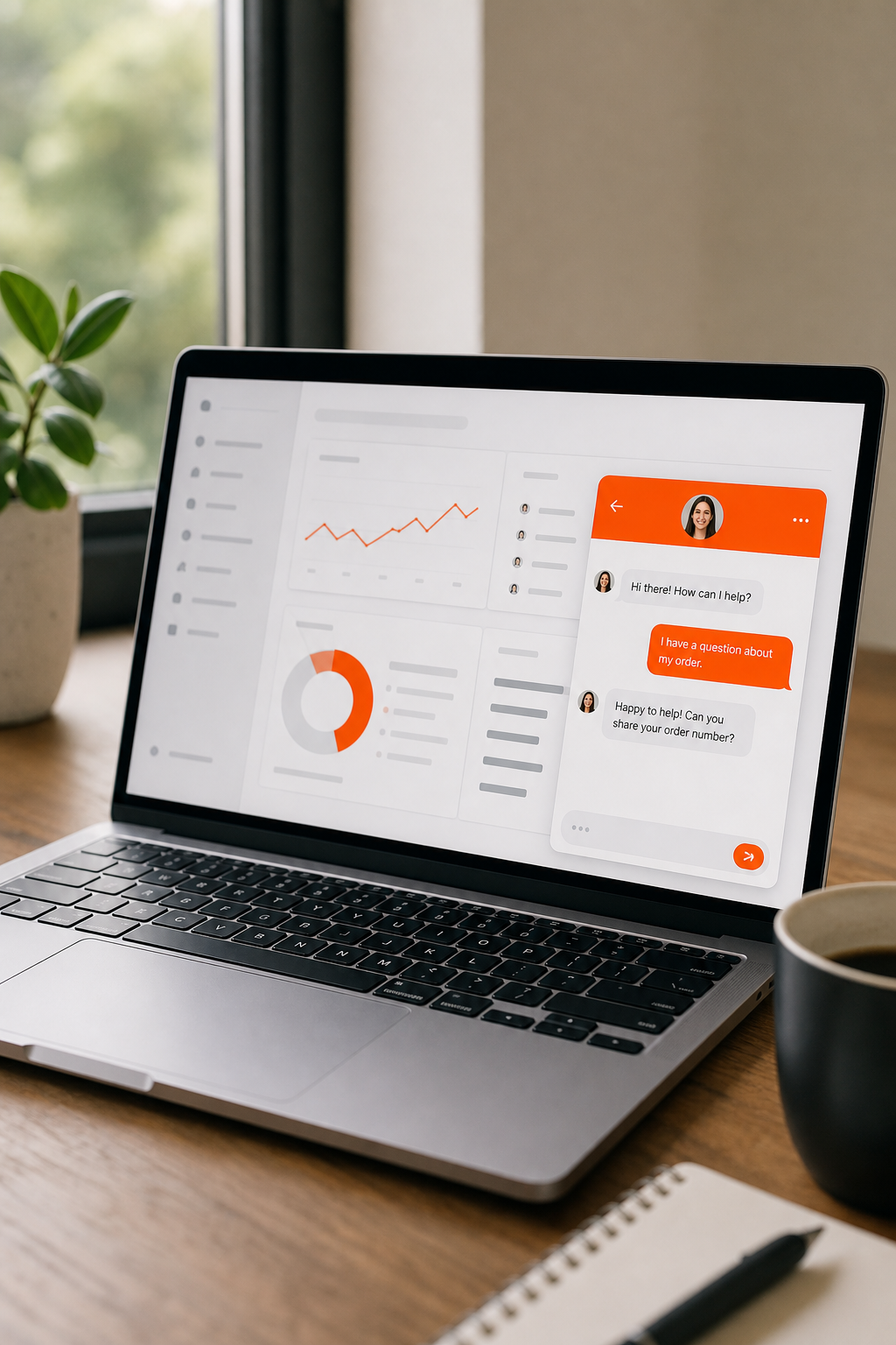A realistic view of a web dashboard showing Intercom’s live chat widget on a laptop screen, with a friendly support avatar and conversation bubbles. Alt: Intercom live chat dashboard example