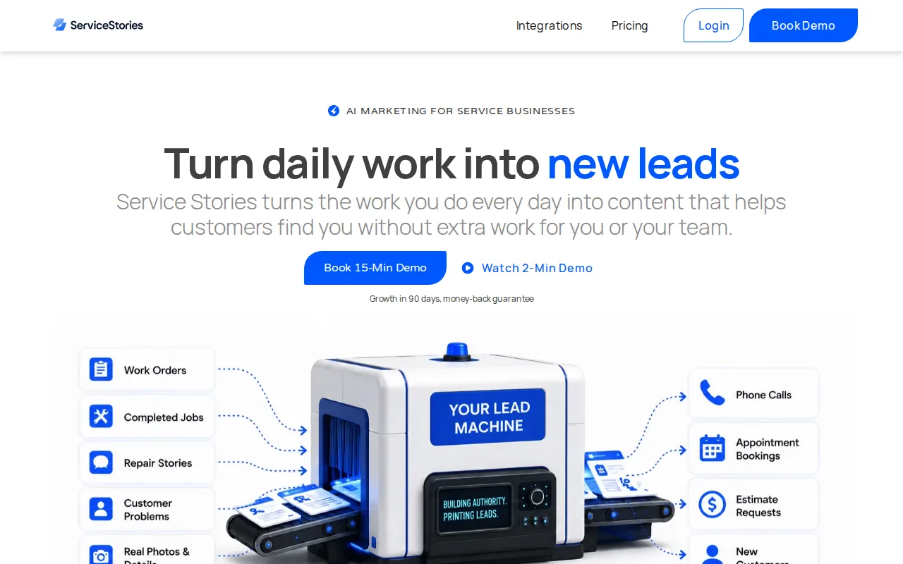 Service Stories automotive marketing software homepage screenshot