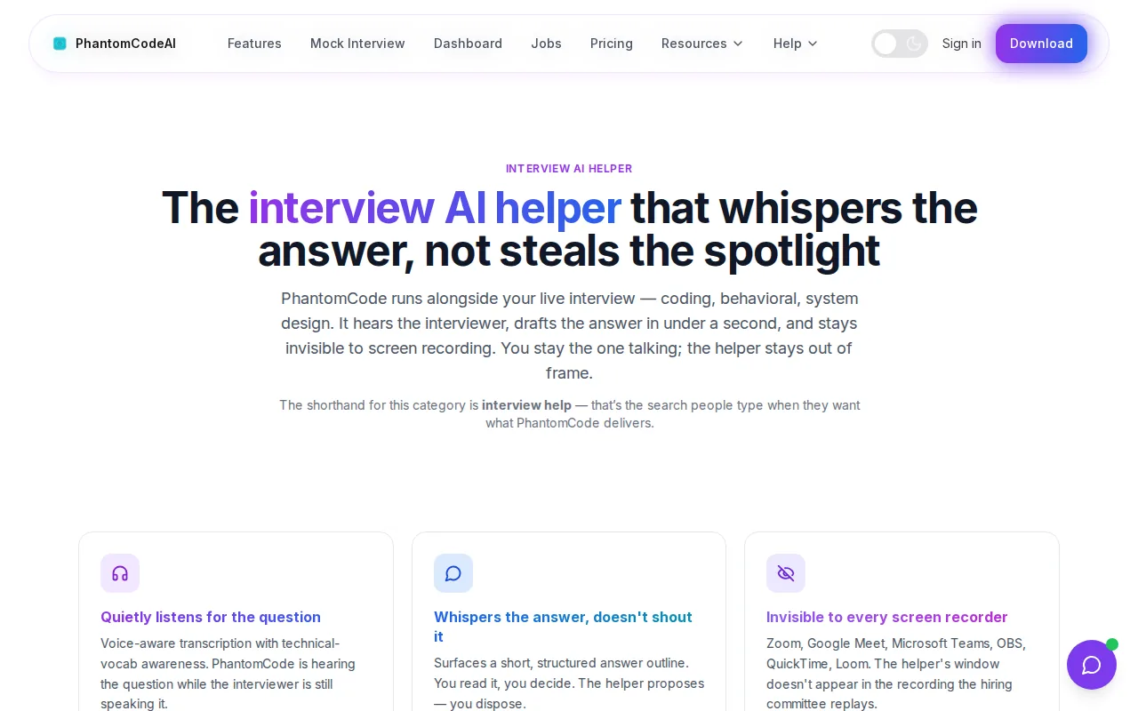 Phantom Code AI: visual reference for 1. Phantom Code AI (Our Top Pick) — Invisible Real-Time Coding Interview Copilot