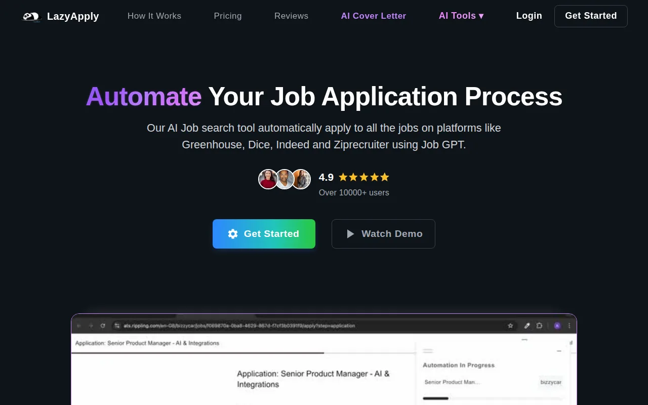Screenshot of the LazyApply website