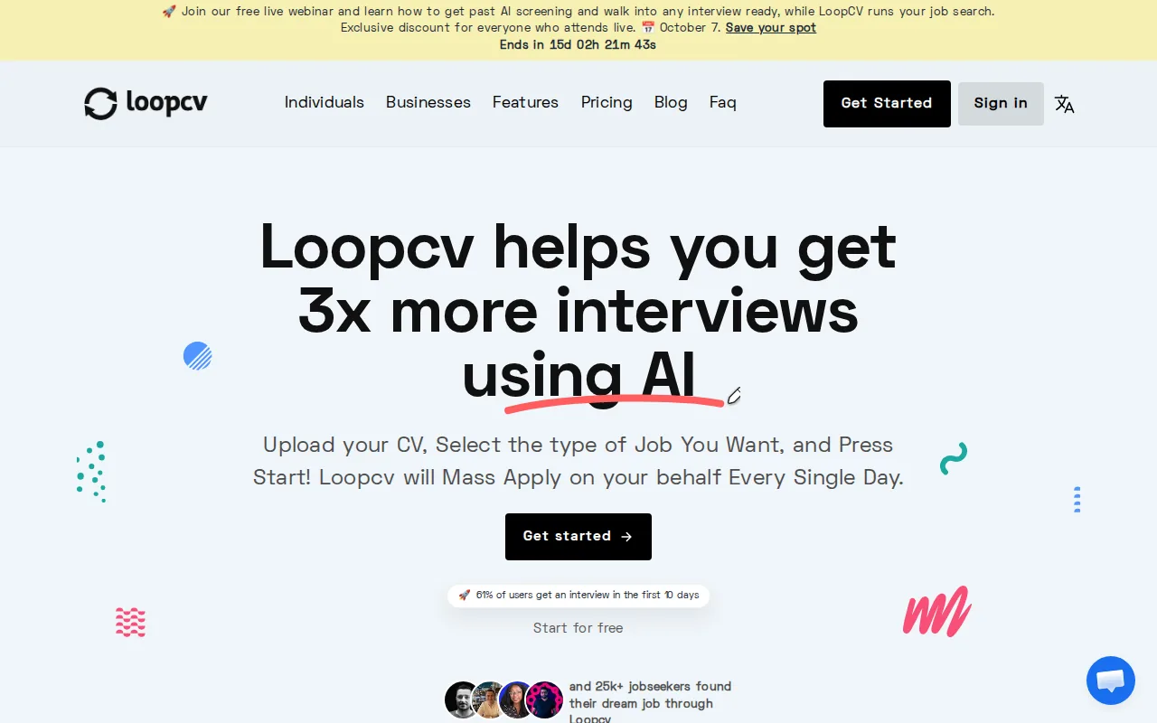 Screenshot of the LoopCV website