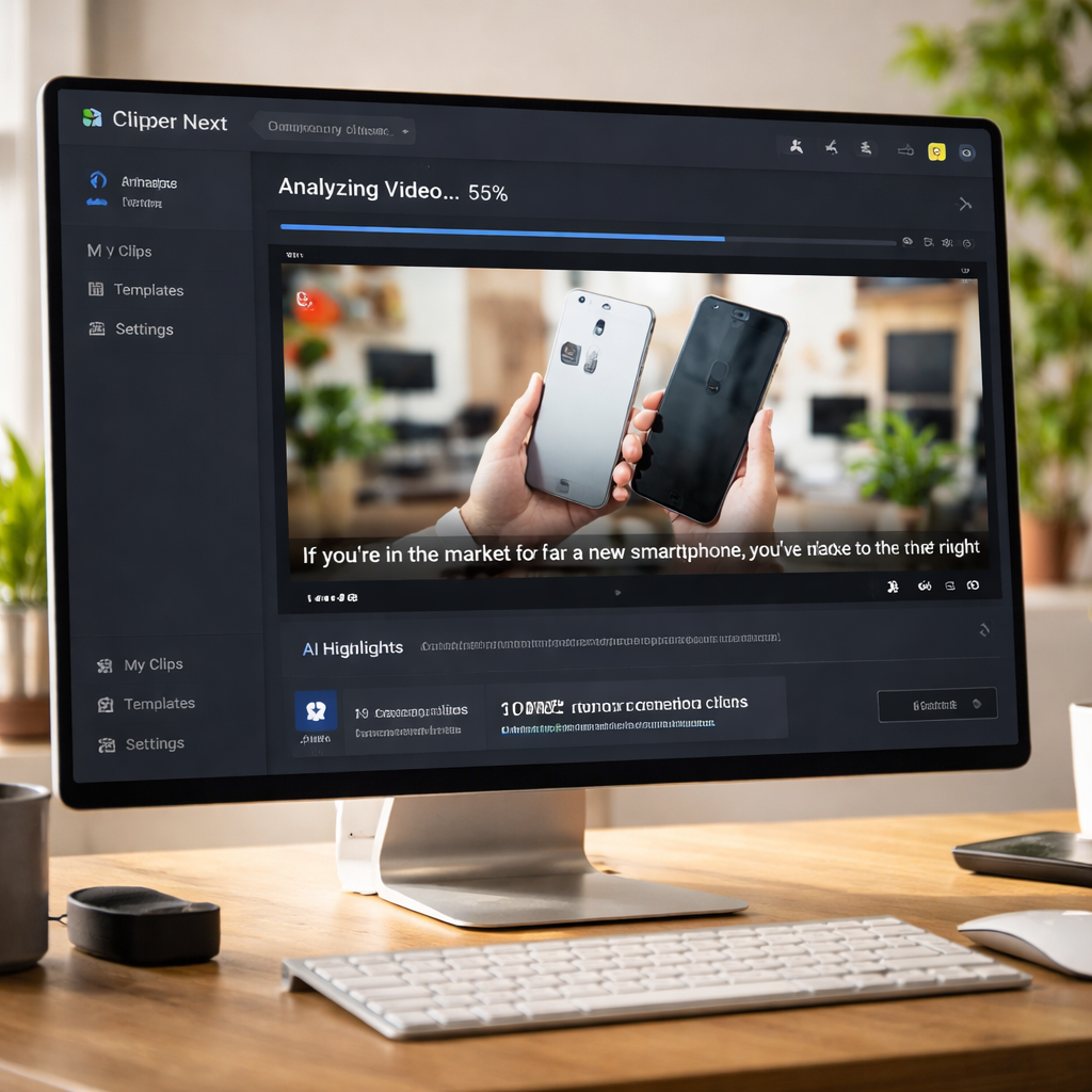 A photorealistic desktop screen showing the Clipper Next app analyzing a YouTube video, with a progress bar and subtitle preview, bright lighting, realistic style. Alt: Best AI video clipper desktop app in action.