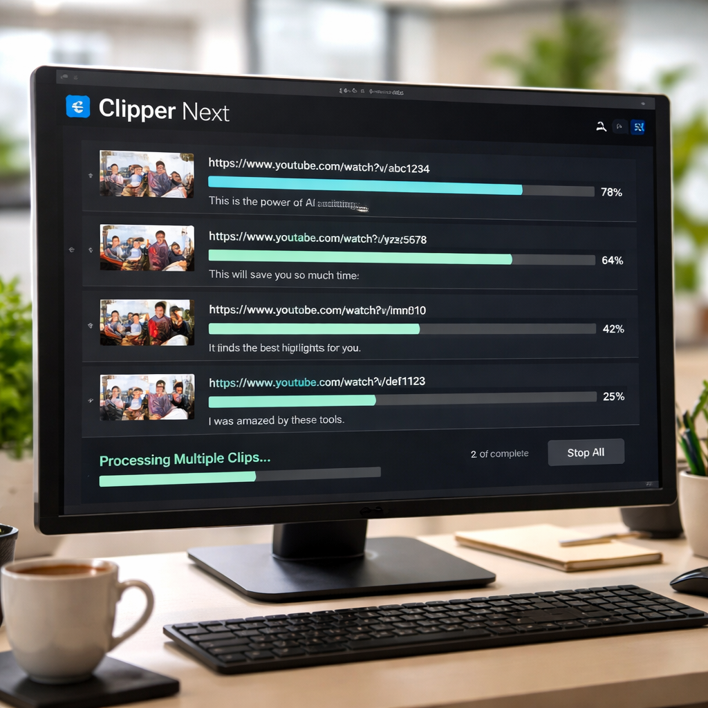 A photorealistic desktop screen showing Clipper Next processing multiple YouTube URLs, progress bars filling, subtitles previewed, bright office lighting. Alt: Best AI video clipper workflow speeding up batch editing.