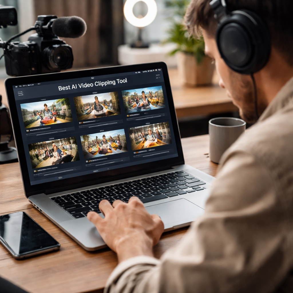A realistic photo of a content creator reviewing AI-generated video clips on a laptop, showing short-form video thumbnails. Alt: best AI video clipping tool in action.