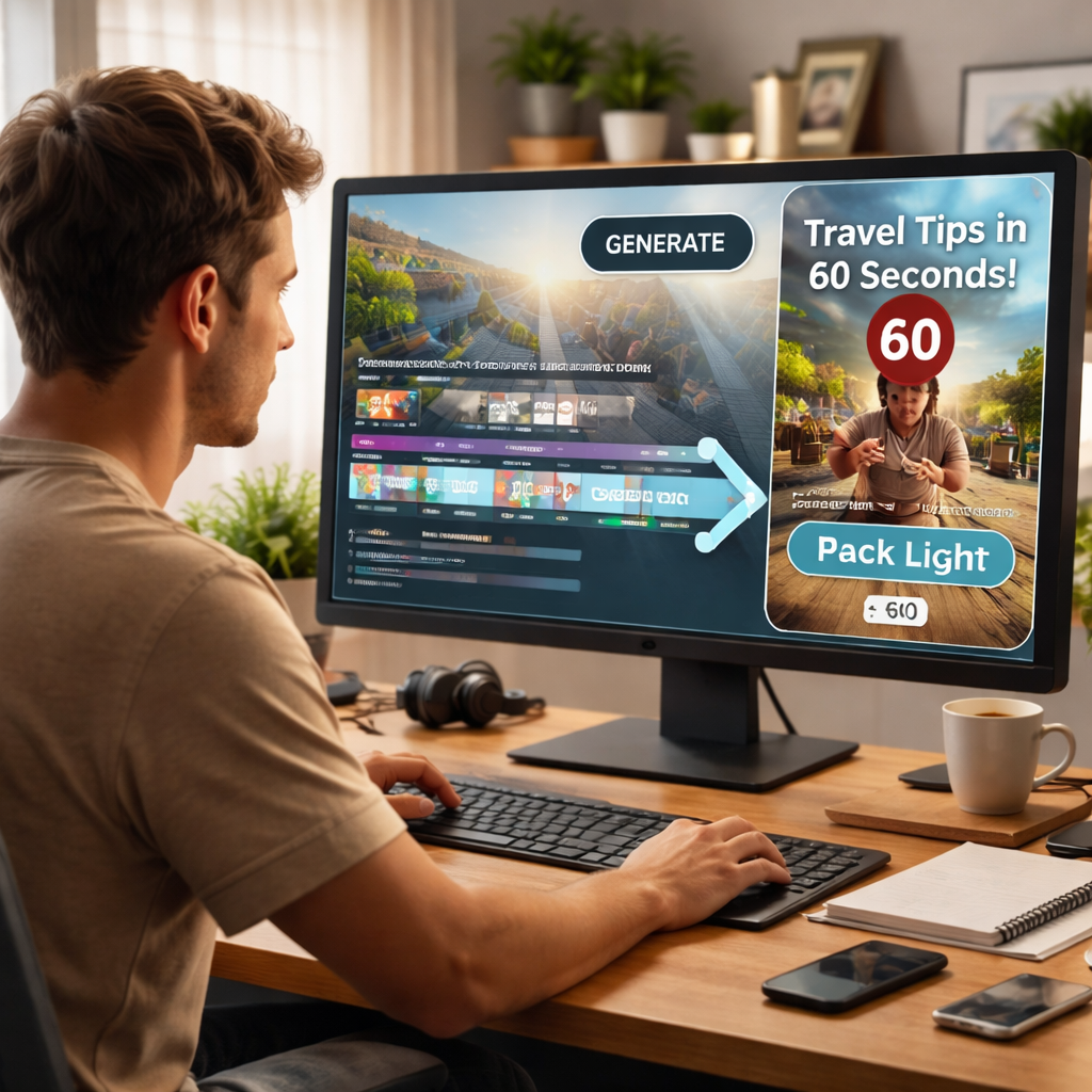 A photorealistic scene of a creator sitting at a desk, looking at a computer screen that shows a long video timeline turning into a short 60-second clip with captions, bright lighting, realistic textures, emphasizing ease of use of an AI video clipping tool. Alt: best AI video clipping tool visual.