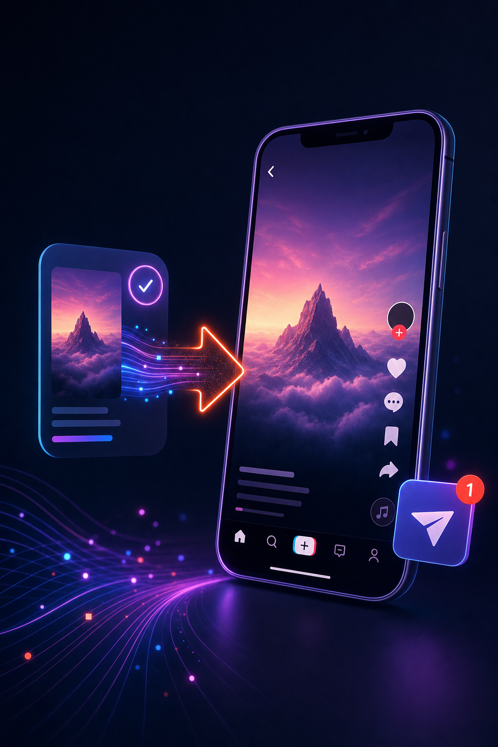 Clean digital illustration style. Vibrant accent colors (purple, pink, electric blue). Social media and content creator aesthetic. A glowing phone screen showing a TikTok-style vertical video draft arriving in an inbox notification. Minimalist dark background with abstract data flow lines. Tech-forward. No human faces. Alt: ClipDraft AI TikTok video creator sending a draft directly to TikTok inbox.