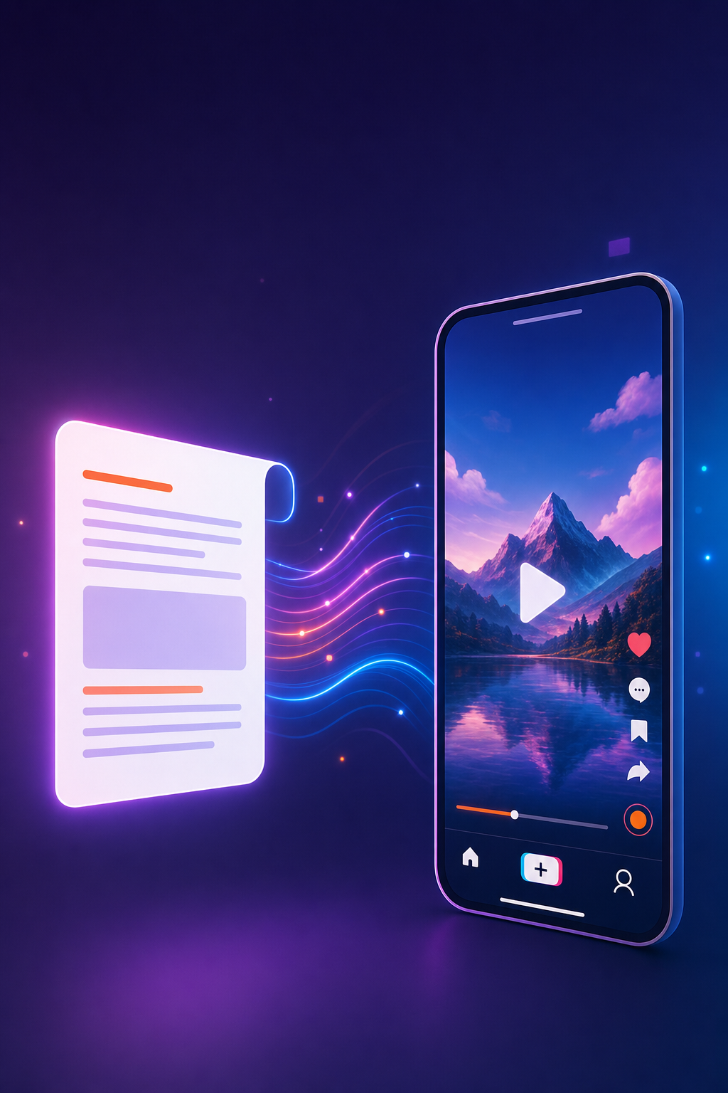 Clean digital illustration style. Vibrant accent colors (purple, pink, electric blue). Social media and content creator aesthetic. A glowing document transforming into a vertical phone screen with a short video playing. Abstract flowing lines connecting text to video frames. Minimalist background. Tech-forward. No human faces. Alt: Pictory AI converting a written script into a TikTok short video clip.