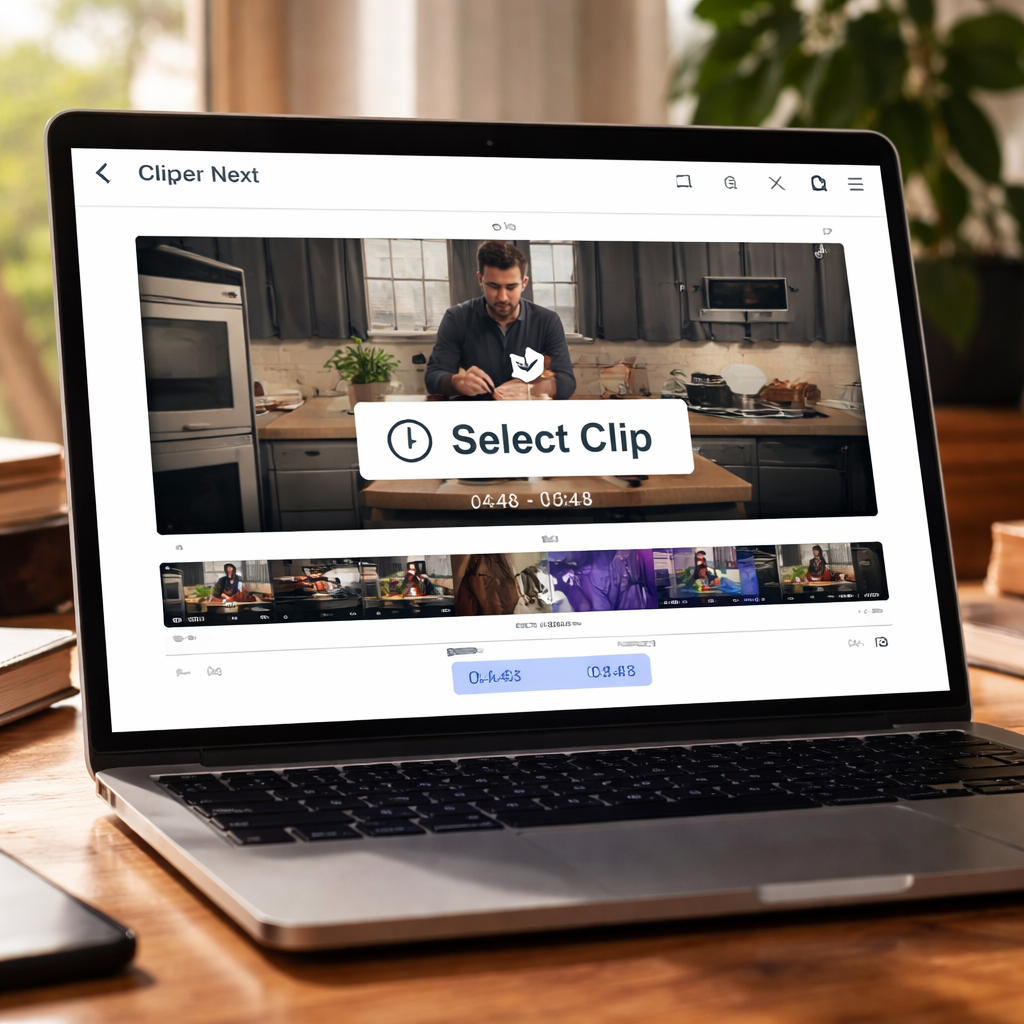 A photorealistic scene of a laptop screen showing Clipper Next’s simple UI selecting a clip from a long YouTube video, with a timer icon and caption overlay, realistic lighting, realistic style.