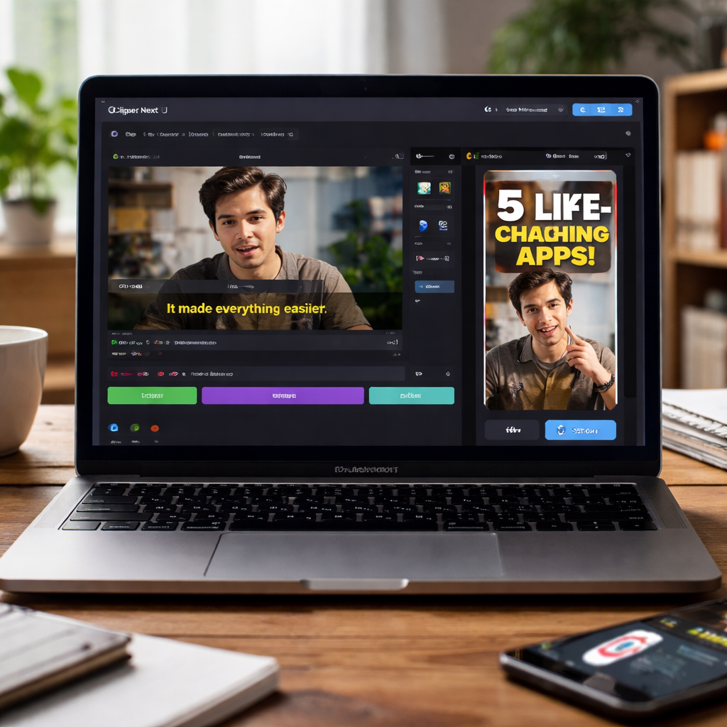 A photorealistic desktop scene showing a laptop screen with Clipper Next UI selecting a clip from a long YouTube video, captions appearing, and a TikTok thumbnail ready to export. Alt: Best AI video cutter creating TikTok and YouTube Shorts quickly.