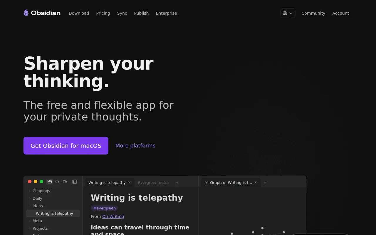 Screenshot of the Obsidian website