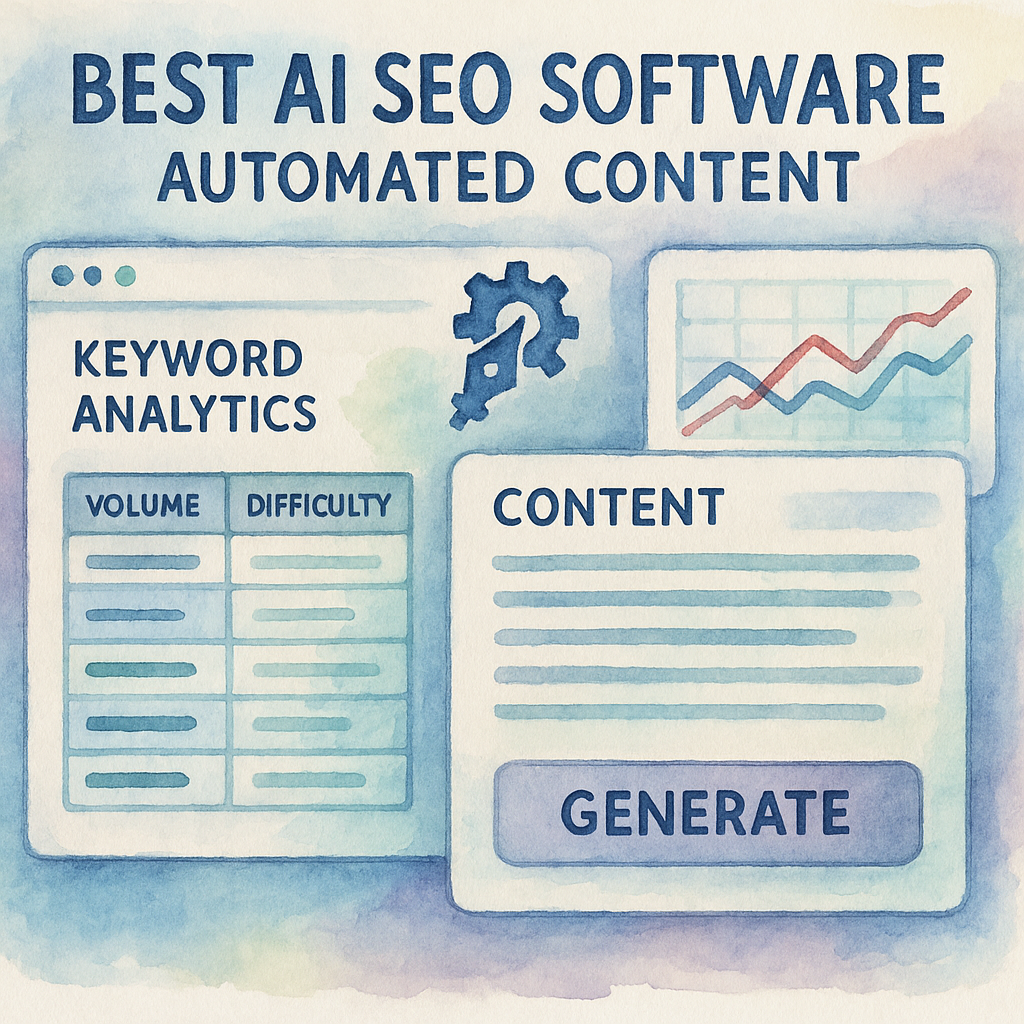 A digital dashboard showing AI SEO software automating content creation workflows. Alt: Best AI SEO software for automated content dashboard view with keyword analytics and content generation features.
