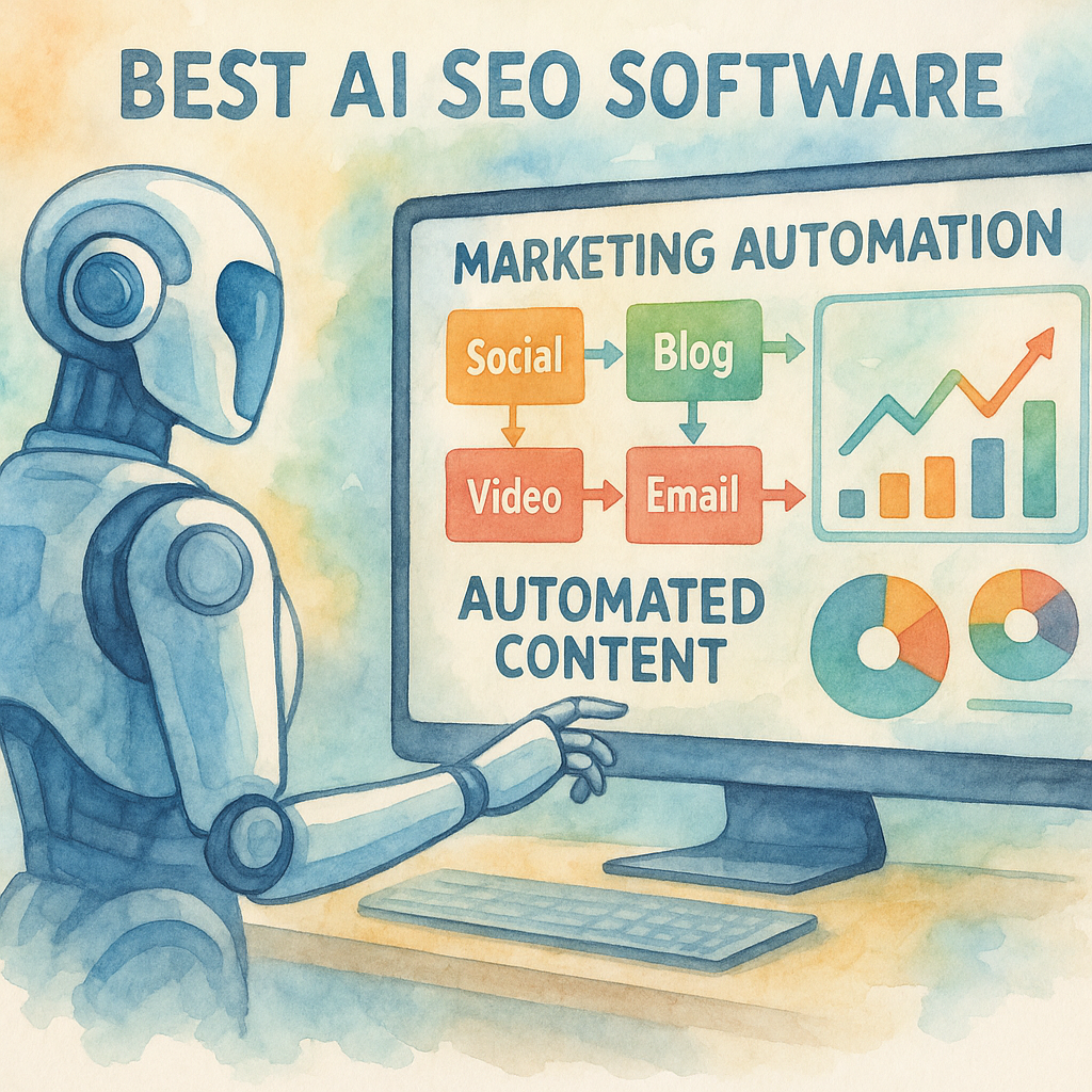 Futuristic AI-powered SEO software automating multi-channel content with real-time analytics. Alt: Best AI SEO software for automated content showing future-proof marketing automation dashboard.