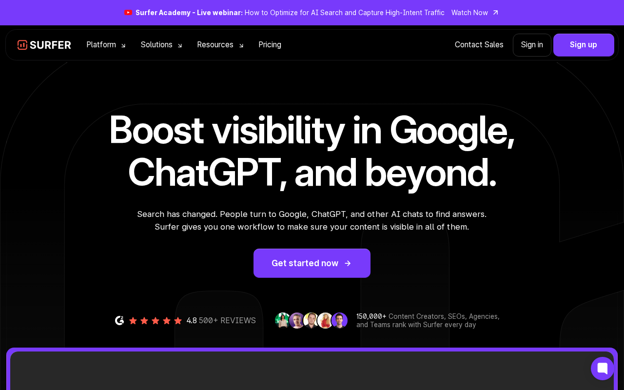 Surfer SEO homepage screenshot