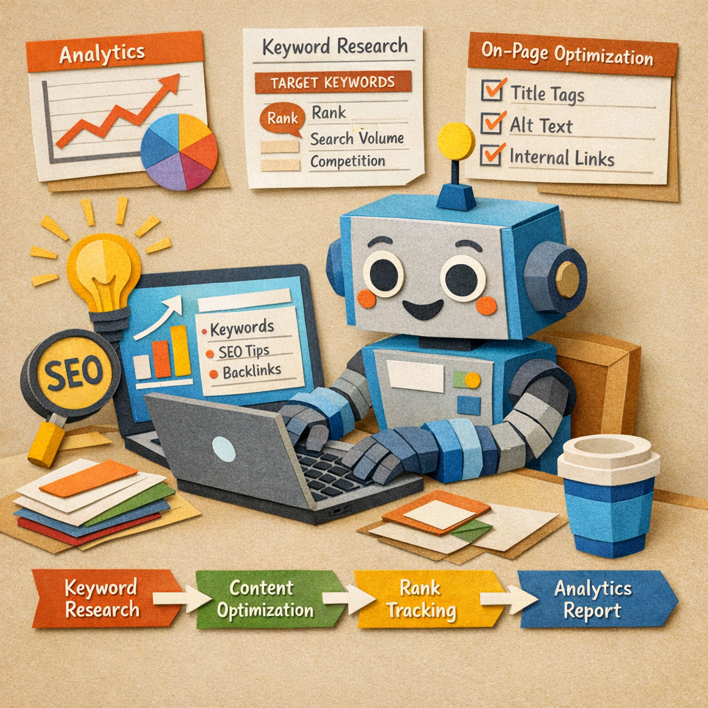 A papercraft style illustration of a friendly robot typing on a laptop, showing SEO charts and keywords, alt: AI SEO tool workflow diagram