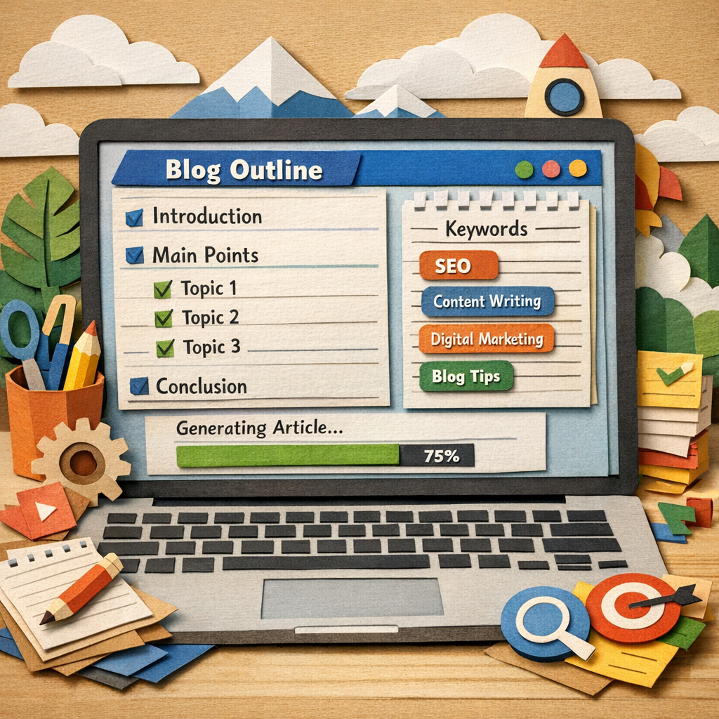 A papercraft style scene showing a laptop screen filled with a blog outline, keyword tags and a progress bar, alt: ContentForge SEO article generation workflow