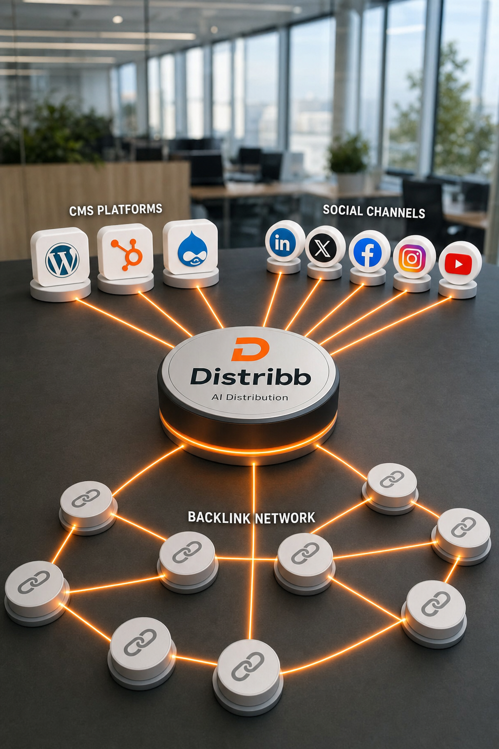 A photorealistic, editorial‑style concept image showing a centralized AI distribution workflow with connected CMSs, social channels, and a backlink network, with Distribb blue‑orange accent.