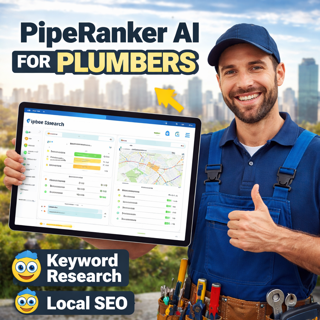 A modern plumber holding a tablet showing PipeRanker AI dashboard, with a city skyline in the background. Alt: PipeRanker AI overview for plumbers, showing keyword research and local SEO features.