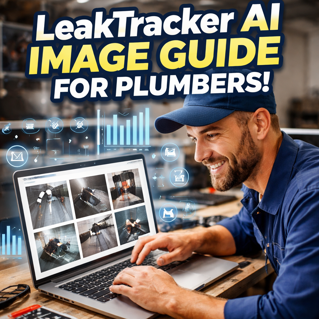 A plumber reviewing AI‑generated service images on a laptop, with charts and pipe icons overlay. Alt: LeakTracker AI image guide for plumbers.
