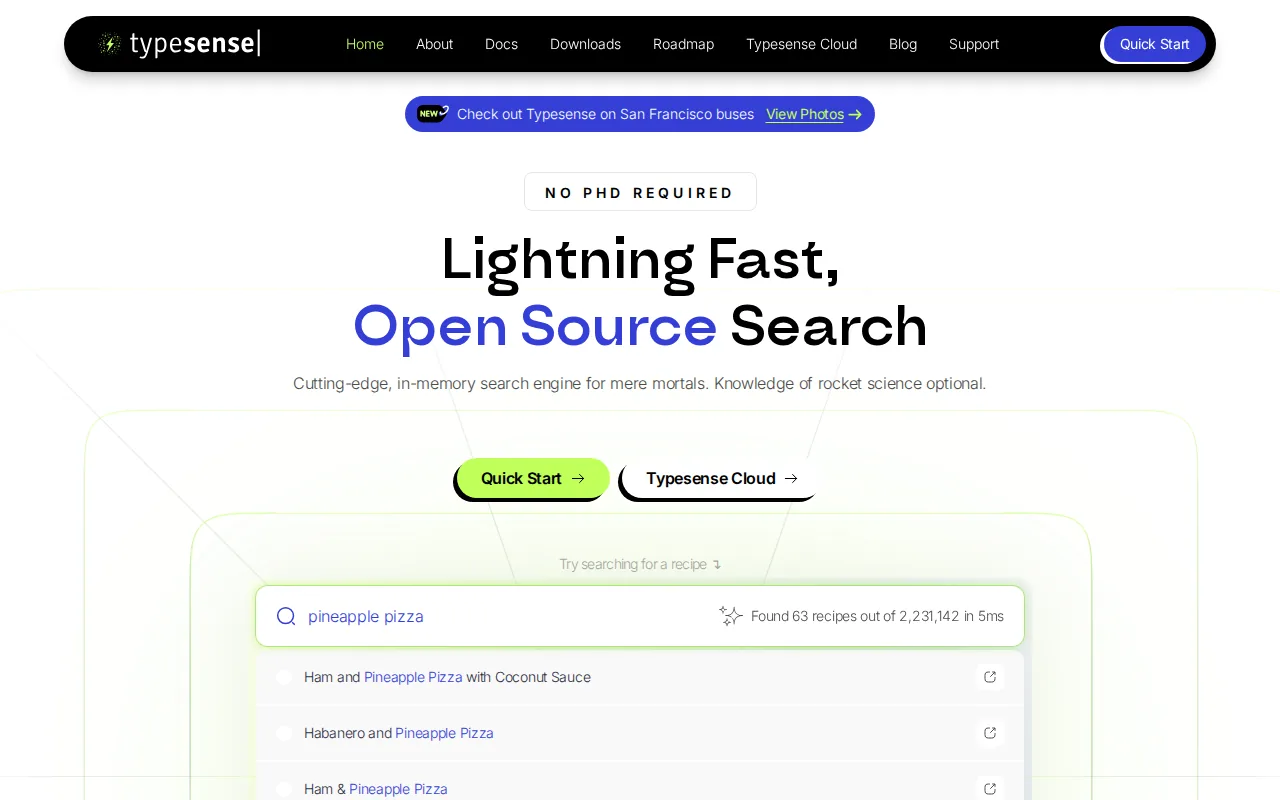 Screenshot of the Typesense website