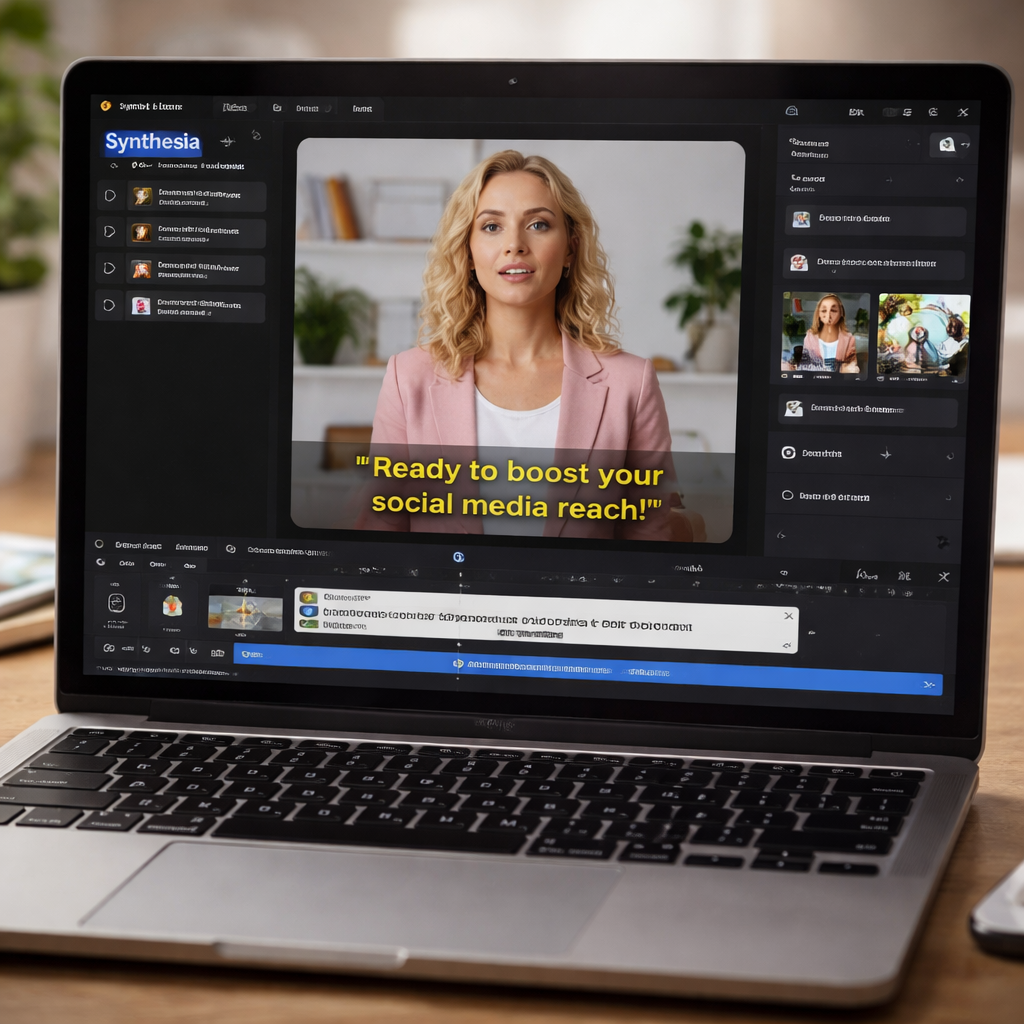 A photorealistic scene of a laptop screen showing Synthesia