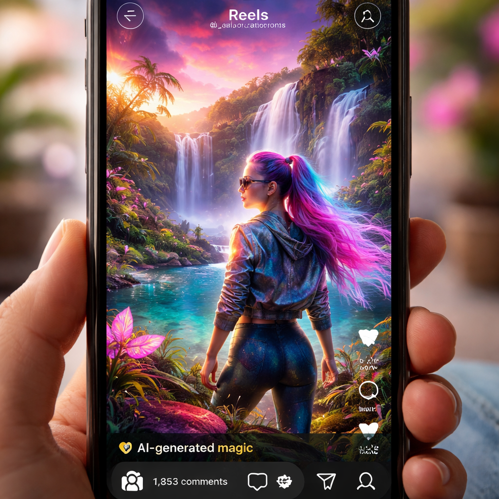 A photorealistic scene of a phone screen showing an Instagram Reel created with AI-generated video, vertical 9:16 format, vibrant colours, realistic lighting. Alt: AI-generated Instagram Reel preview.