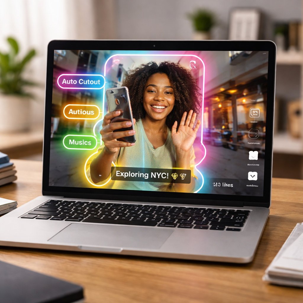 A photorealistic scene of a laptop screen showing an Instagram Reel preview, with AI highlights highlighted in bright colors, realistic lighting, modern home office setting. Alt: AI clipping tool creating Instagram Reel preview on laptop