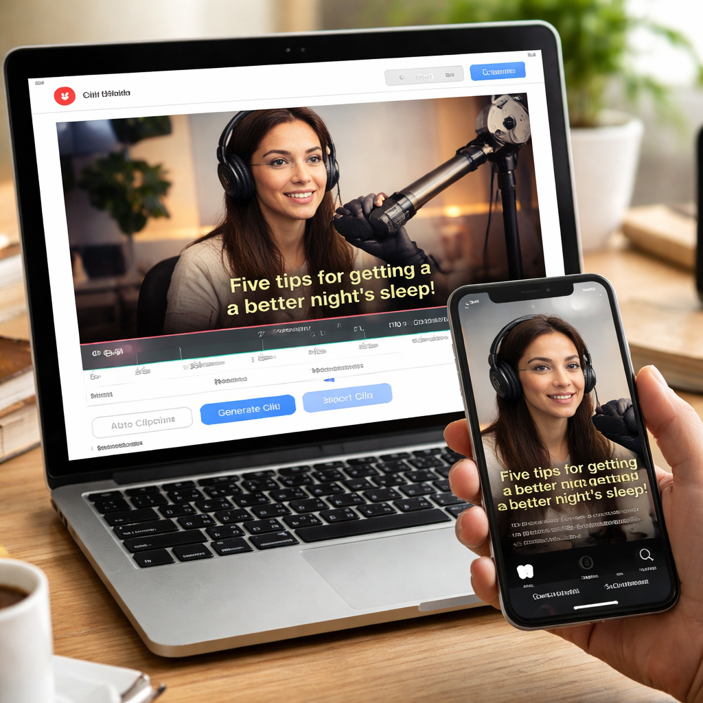 A photorealistic scene of a laptop screen showing an AI clipping tool extracting a short clip from a long YouTube video, with subtitles overlay, while a person watches the resulting Instagram Reel on a phone. Alt: AI tool creating short video for YouTube automation, podcasts, and faceless brands.