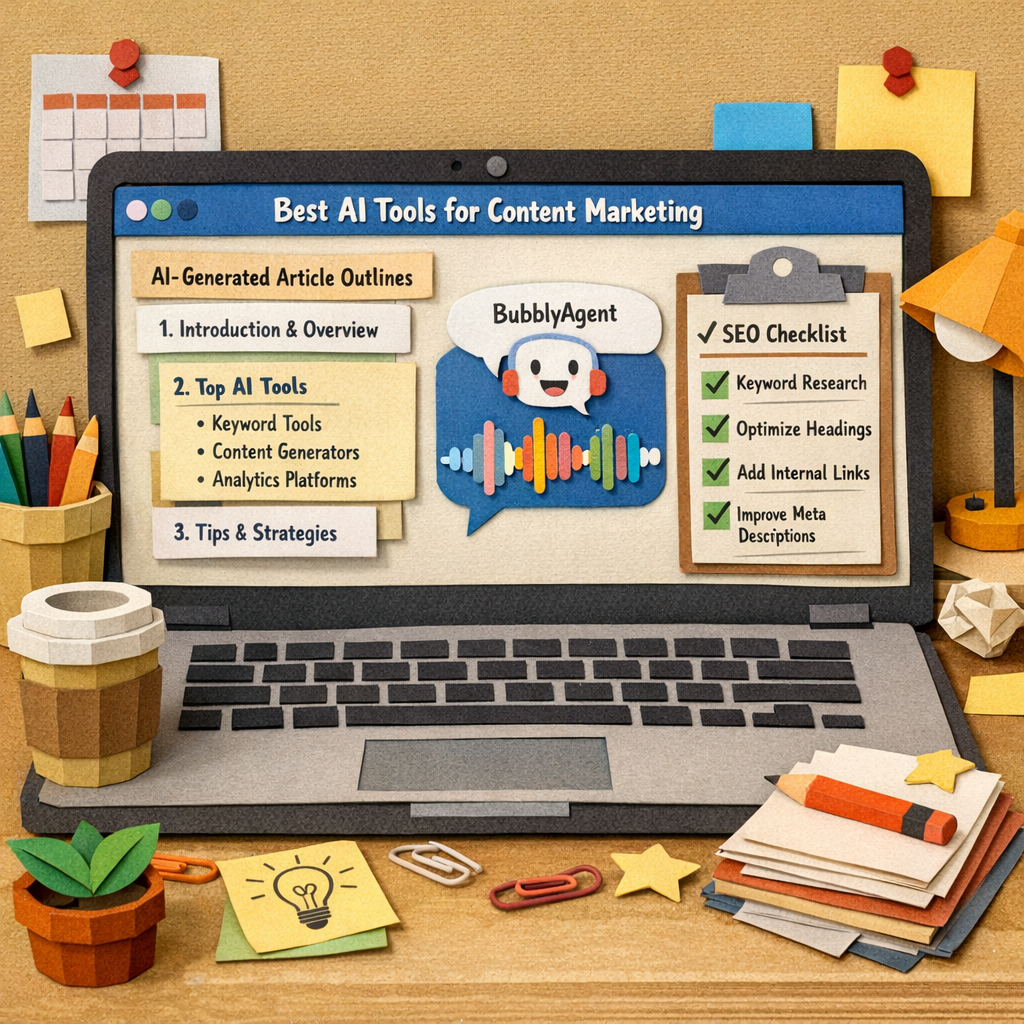 A Papercraft illustration of a laptop screen showing a dashboard with AI‑generated article outlines, a voice waveform representing BubblyAgent, and a checklist of SEO tasks, all arranged like a quirky office desk scene. Alt: Best AI tools for content marketing dashboard in papercraft style.