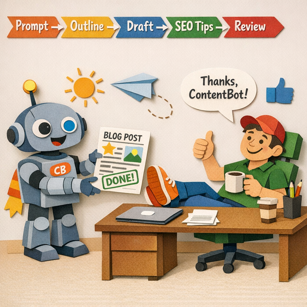 A Papercraft illustration of a friendly robot handing a finished blog post to a relaxed marketer at a desk, with arrows labeled “Prompt → Outline → Draft → SEO Tips → Review”, bright colors, meme‑style humor, Alt: ContentBot automated blog writer workflow diagram.