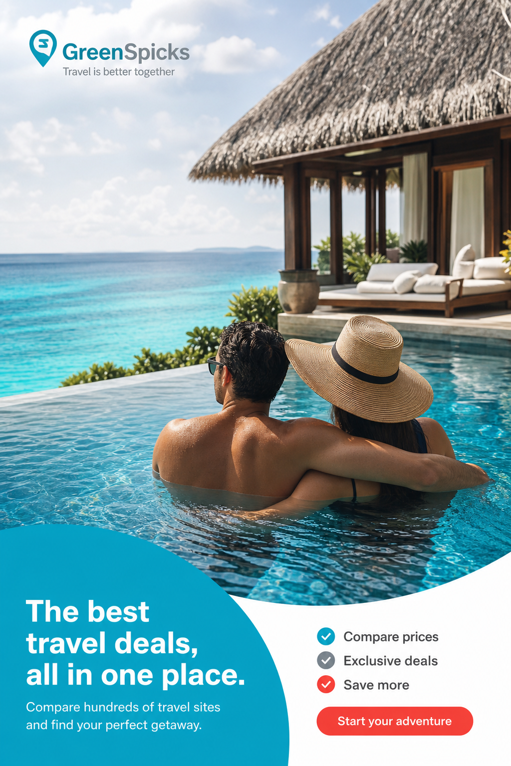 A photorealistic view of a couple relaxing on a private infinity pool overlooking a turquoise Caribbean sea, with a thatched-roof villa in the background. Alt: Luxury Caribbean all inclusive resort for couples with infinity pool.