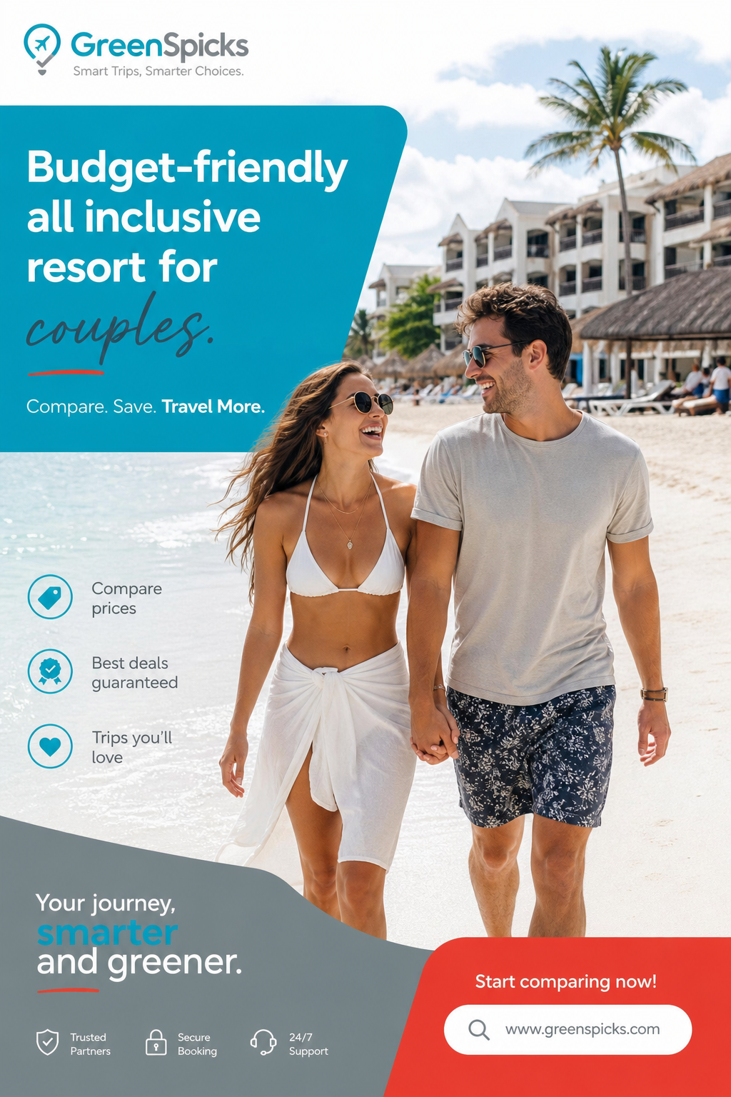 A young couple laughing while walking hand in hand on a white sand beach with a affordable resort in the background. Alt: Budget-friendly all inclusive resort for couples on a sunny beach.
