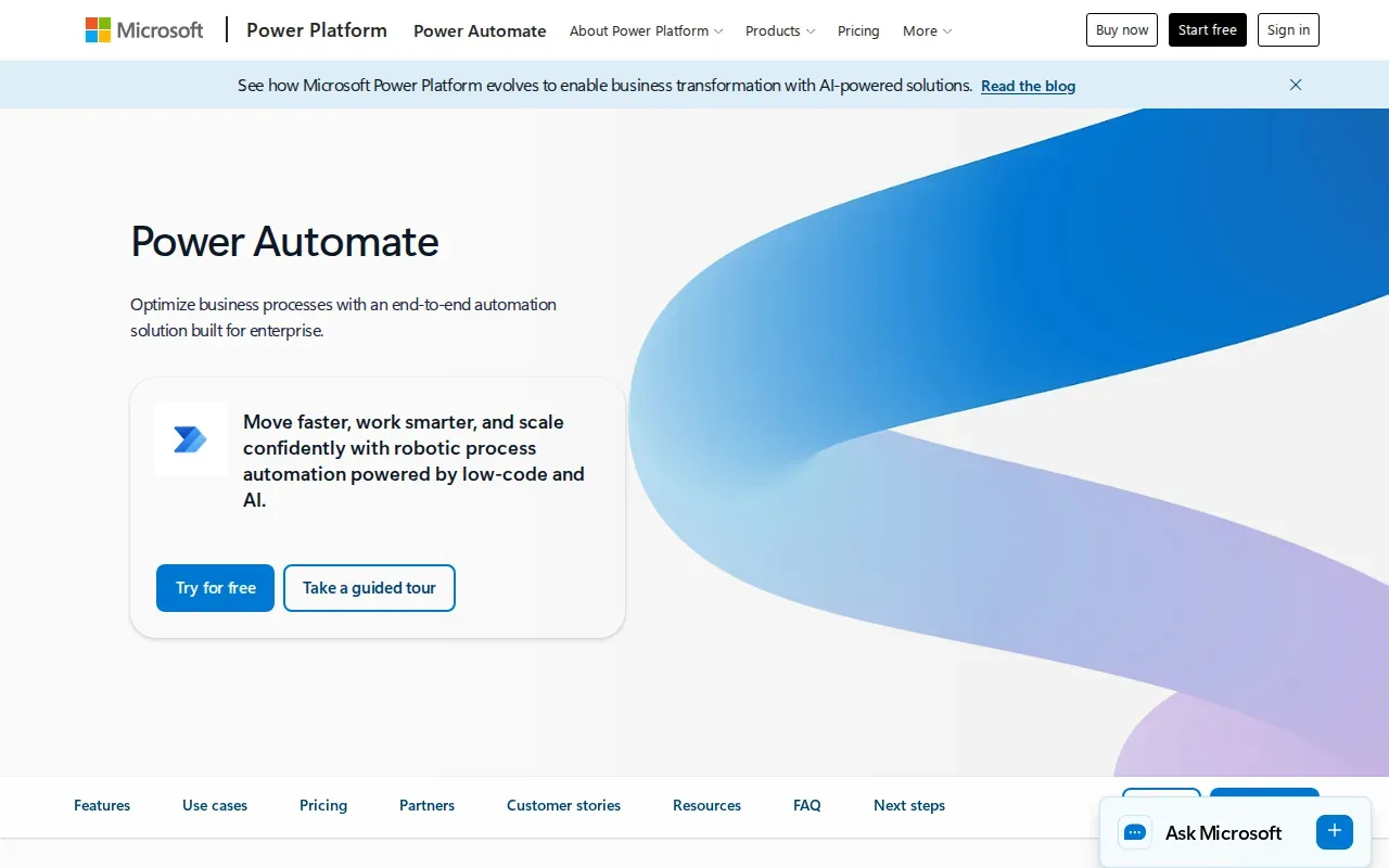 Screenshot of the Microsoft Power Automate website