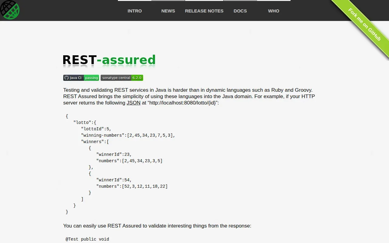 Screenshot of the REST Assured website