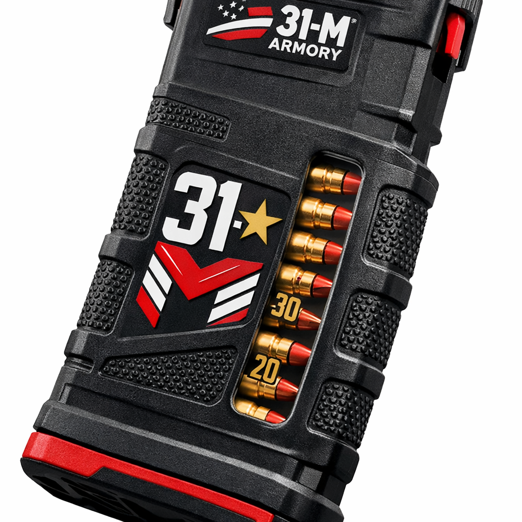 A photorealistic illustration of AR‑15 magazines stacked side by side, showing polymer bodies, steel feed lips, and a transparent window on one mag. Alt: enhanced AR‑15 magazines