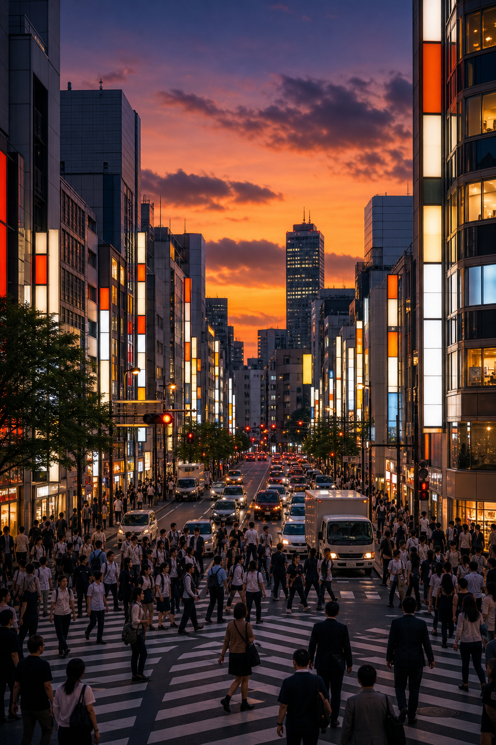 A wide-angle photorealistic street scene in Shinjuku, Tokyo at dusk , neon signs glowing in Japanese, pedestrians crossing a busy intersection, skyscrapers in the background, orange and purple sky, city energy at its peak