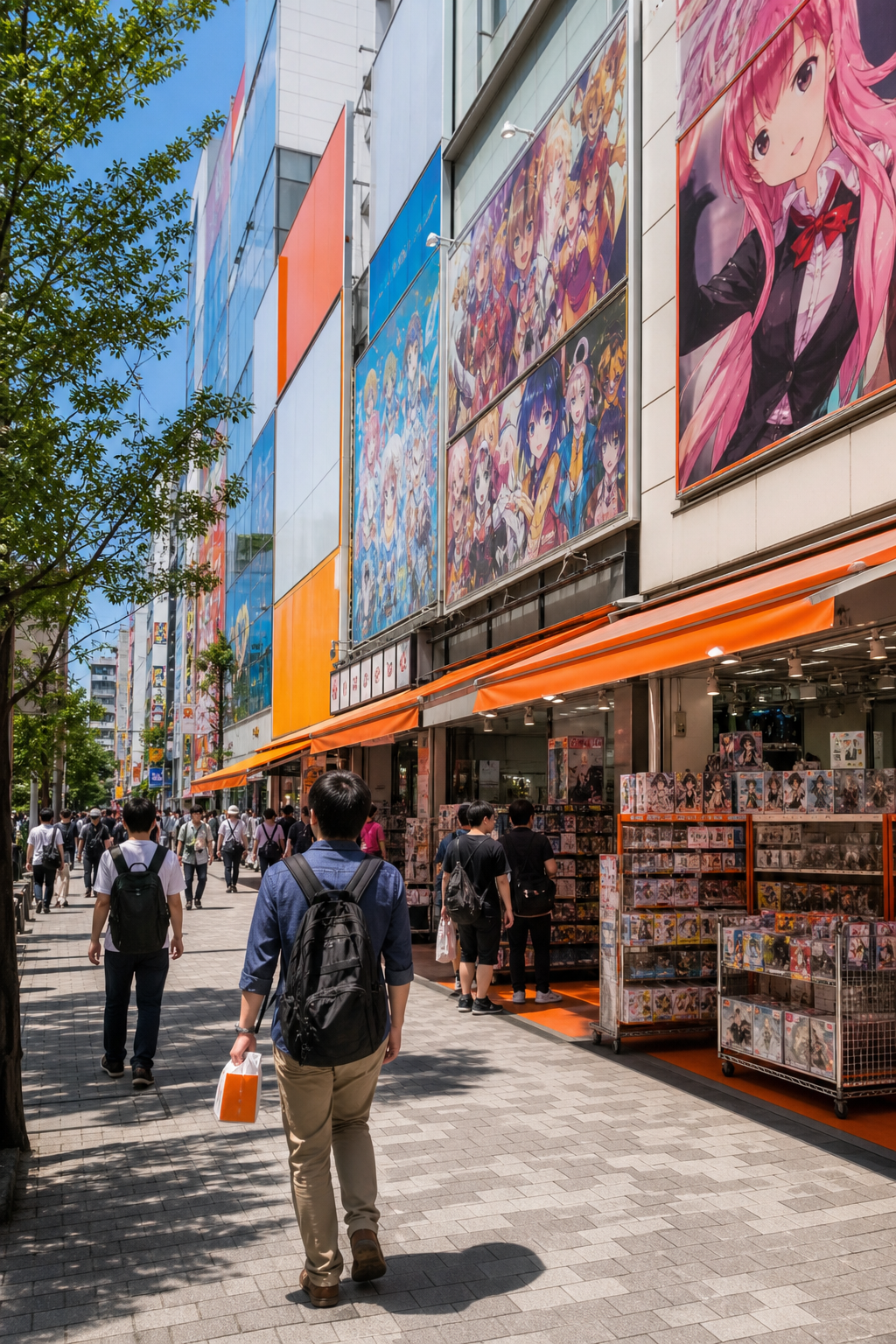 A photorealistic daytime street scene in Akihabara Tokyo , colorful storefronts with anime and electronics signage, pedestrians walking past bright billboards, urban energy under a clear sky
