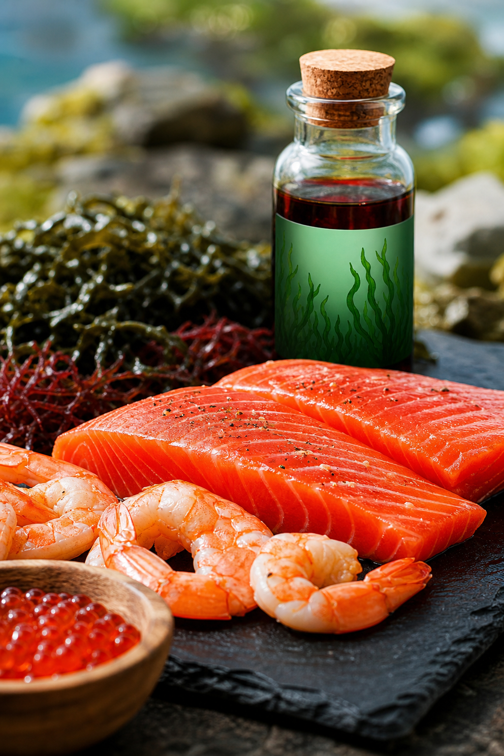 A photorealistic close-up of fresh red salmon and shrimp on a dark slate board, with a small glass bottle of algae extract in the background. Alt: Astaxanthin-rich seafood and algae extract supplement for eye health