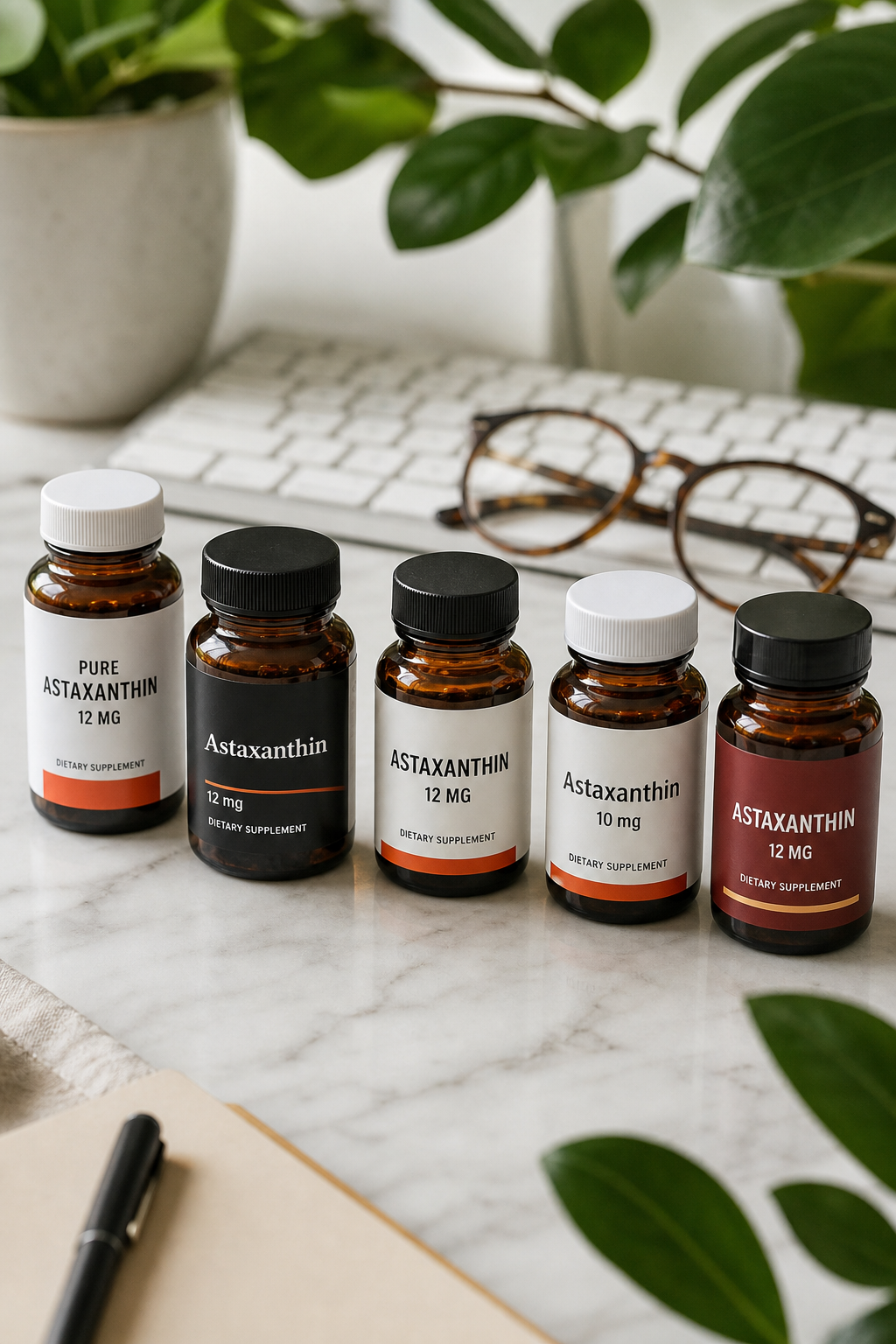 A photorealistic composition of five small glass bottles of amber oil on a white marble surface, with a computer keyboard and glasses in the background suggesting screen use. Alt: Comparison of top astaxanthin supplements for eye health