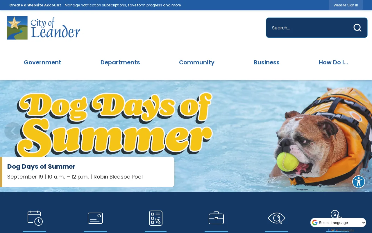 Screenshot of the Leander website