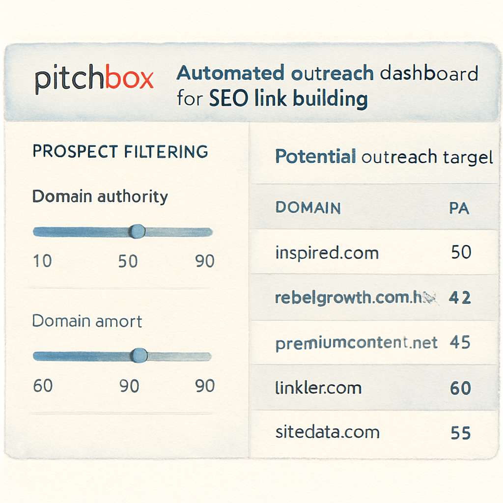 A sleek dashboard view of Pitchbox’s prospect filtering interface, showing domain authority sliders and a list of potential outreach targets. Alt: Pitchbox automated outreach dashboard for SEO link building.
